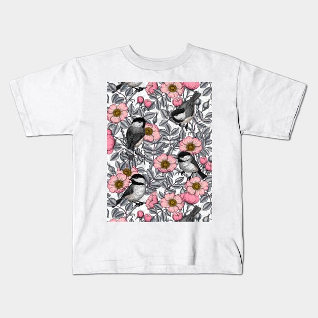 Chickadees in the wild rose, pink and gray Kids T-Shirt by katerinamk